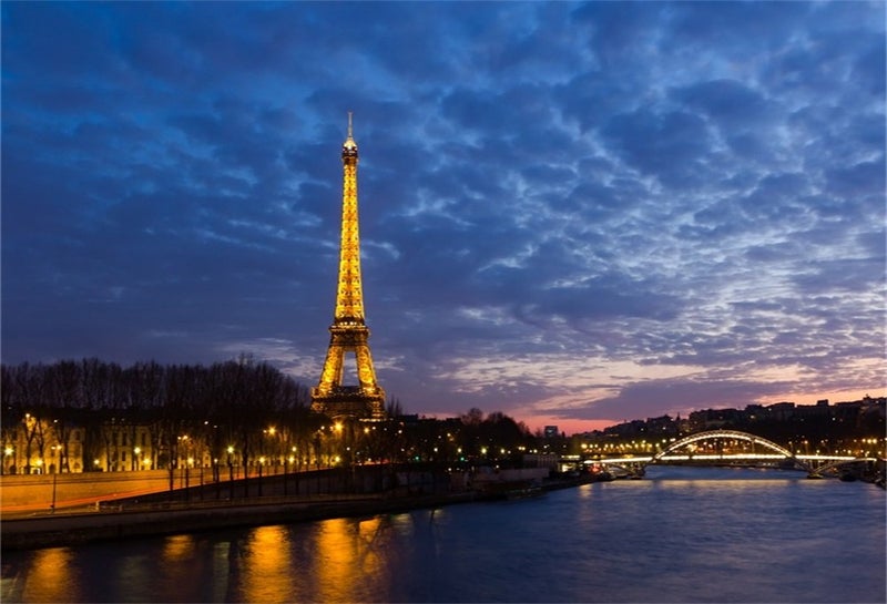 AOFOTO 7x5ft Travel Nightscape Backdrop Photography Background French Paris Eiffel Tower River Sky Lover Adult Artistic Portrait Photo Shoot Studio Props Dusk European Sunset Video Drop Seamless Vinyl - Image 1
